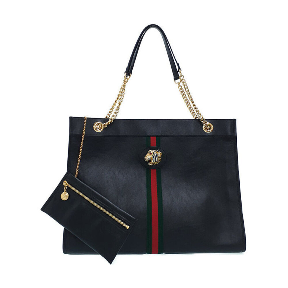 GUCCI Raja Tote Chain Shoulder Bag Leather Black